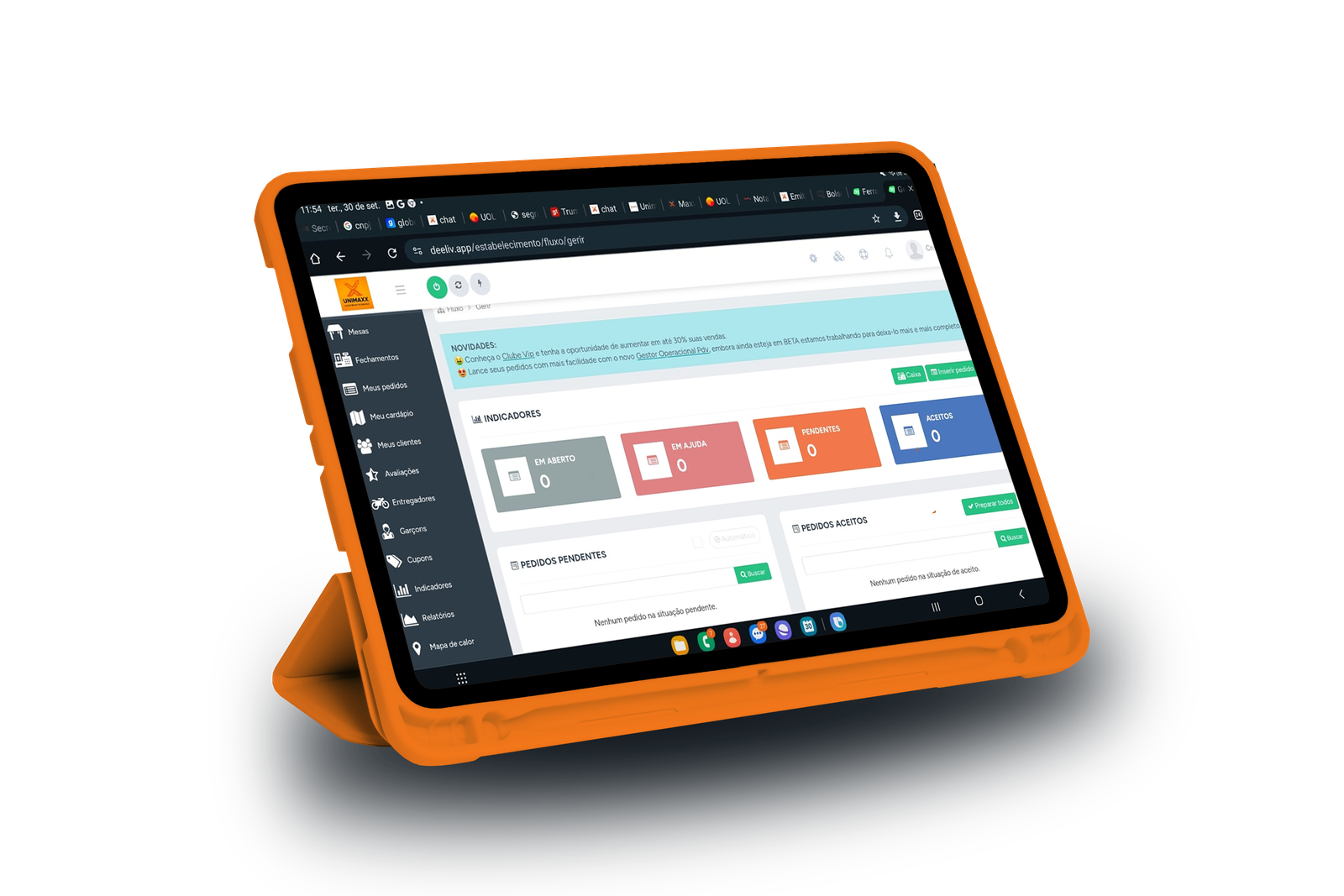 Interface completa do sistema MaxxDelivery em tablet